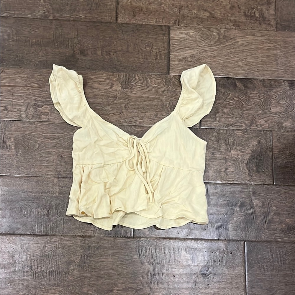 La Hearts Yellow Square Neck Flutter Sleeve Crop Top